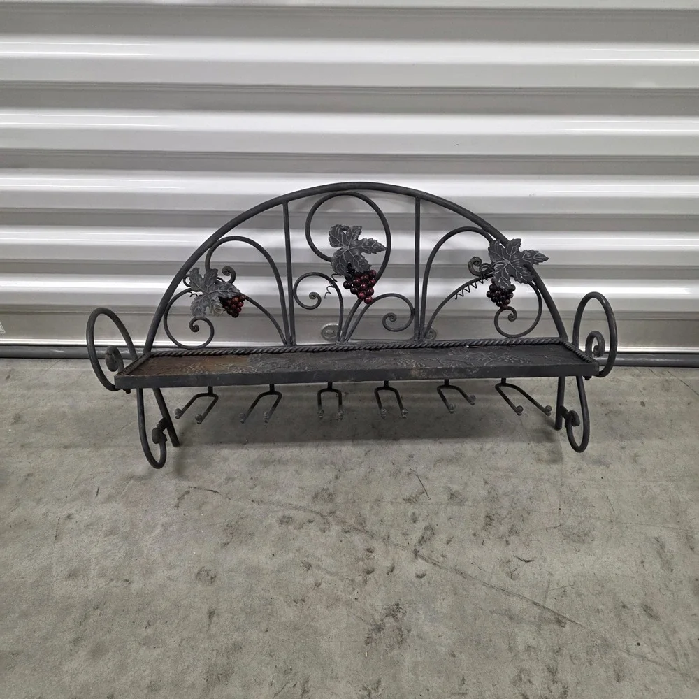 Wrought Iron Wall Mounted Wine Rack Stemware Glass Holder Grape Leaf Rustic Deco